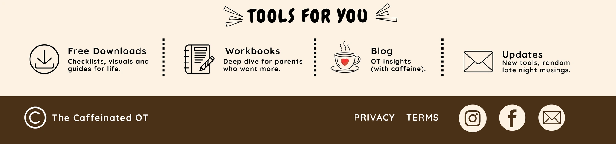 Tools for you — Free Downloads, Workbooks, Blog, Updates. The Caffeinated OT — Contact, Privacy, Terms. Instagram, Facebook, Email.